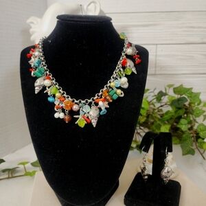 Silver Sealife Charm Necklace Freshwater Pearls Natural Stone Shell Earrings Set